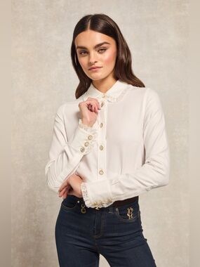 Holland Cooper Rose Shirt White Blouse Lace Collar Size 10 Classic Feminine